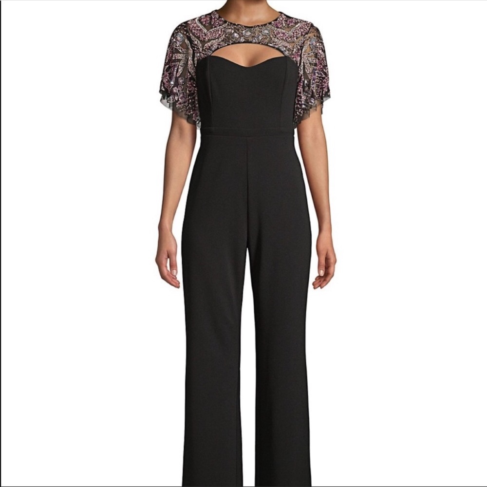 Aidan Mattox Beaded Flutter-Sleeter Flare Jumpsuit